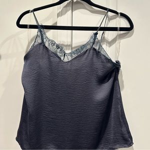 Smokey Blue Satin Camisole with Lace Trim